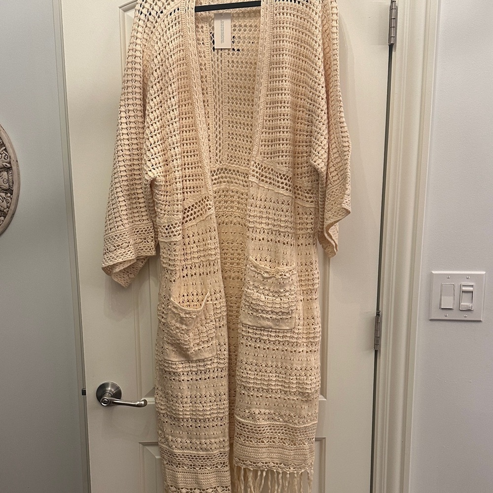 Cream Crochet Long Cardigan